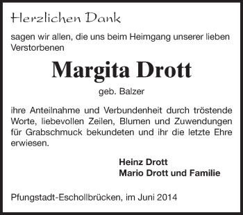 Traueranzeige von Margita Drott von Echo-Zeitungen (Gesamtausgabe)