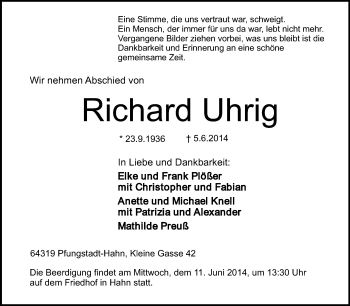 Traueranzeige von Richard Uhrig von Echo-Zeitungen (Gesamtausgabe)