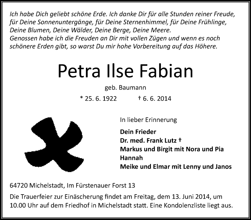  Traueranzeige für Petra Ilse Fabian vom 07.06.2014 aus Odenwälder Echo