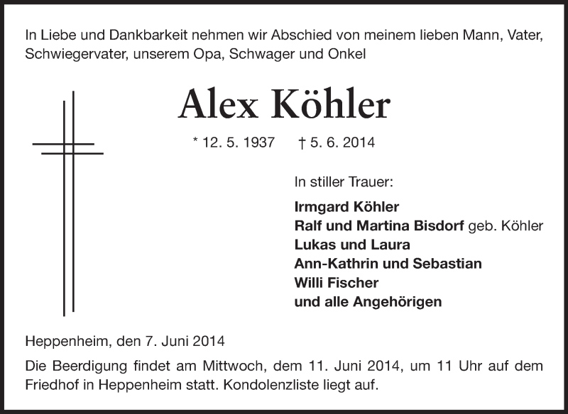  Traueranzeige für Alex Köhler vom 07.06.2014 aus Starkenburger Echo