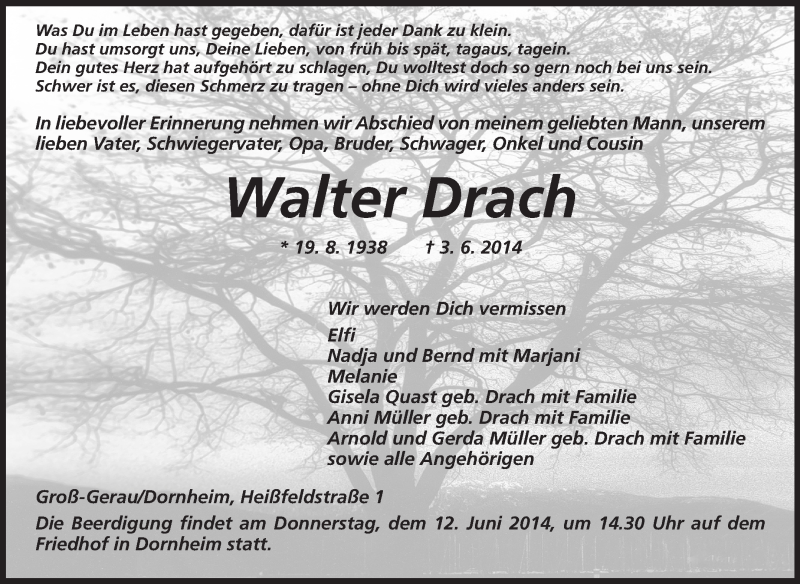  Traueranzeige für Walter Drach vom 10.06.2014 aus Rüsselsheimer Echo, Groß-Gerauer-Echo, Ried Echo