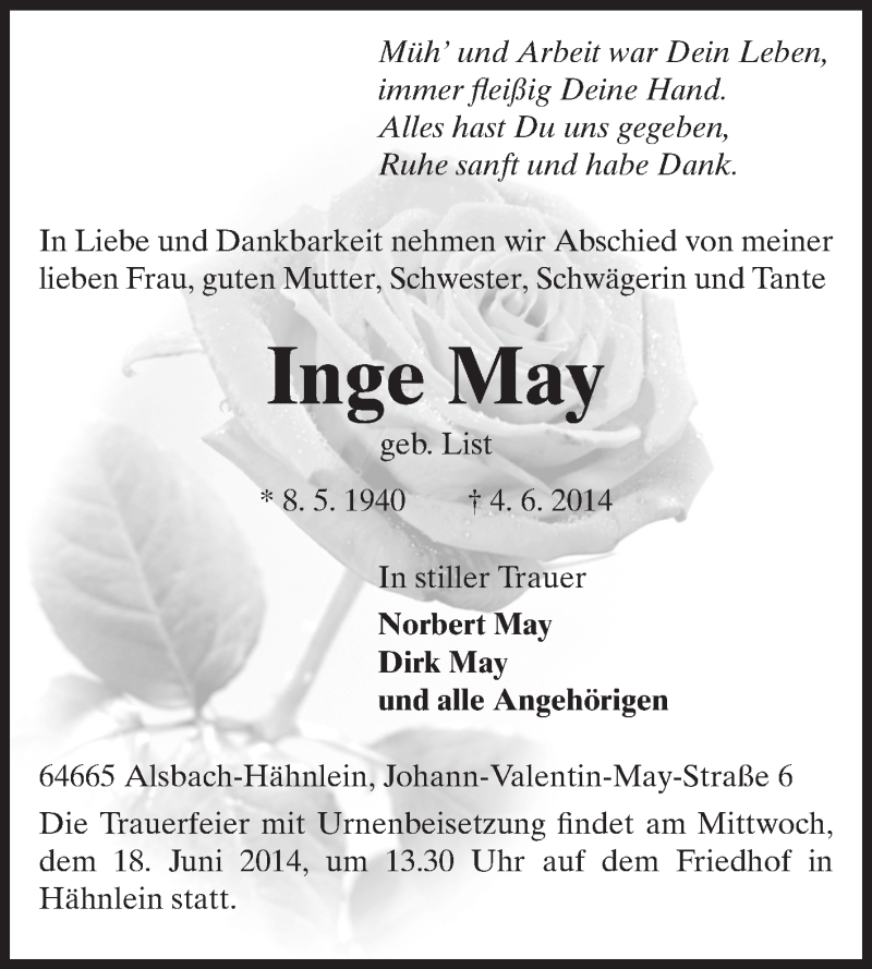  Traueranzeige für Inge May vom 14.06.2014 aus Echo-Zeitungen (Gesamtausgabe)