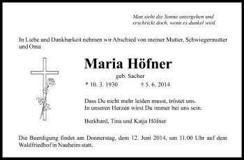 Traueranzeige von Maria Höfner von Rüsselsheimer Echo, Groß-Gerauer-Echo, Ried Echo