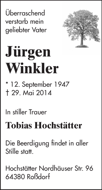 Traueranzeige von Jürgen Winkler von Echo-Zeitungen (Gesamtausgabe)