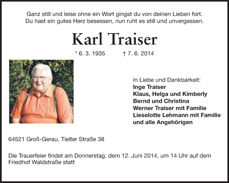 Traueranzeige für Karl Traiser vom 10.06.2014 aus Rüsselsheimer Echo, Groß-Gerauer-Echo, Ried Echo