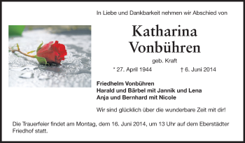 Traueranzeige von Katharina Vonbühren von Echo-Zeitungen (Gesamtausgabe)