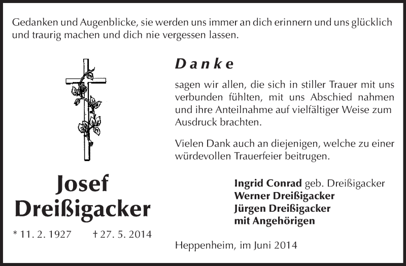  Traueranzeige für Josef Dreißigacker vom 13.06.2014 aus Starkenburger Echo