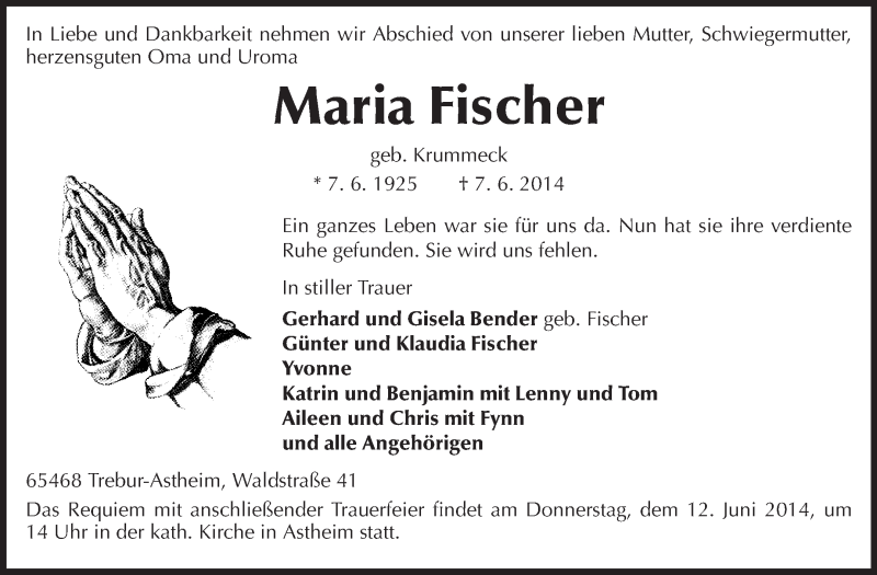  Traueranzeige für Maria Fischer vom 11.06.2014 aus Rüsselsheimer Echo, Groß-Gerauer-Echo, Ried Echo