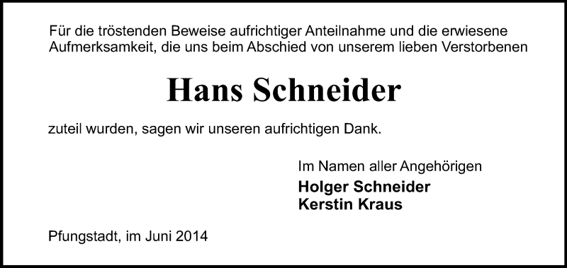  Traueranzeige für Hans Schneider vom 14.06.2014 aus Echo-Zeitungen (Gesamtausgabe)