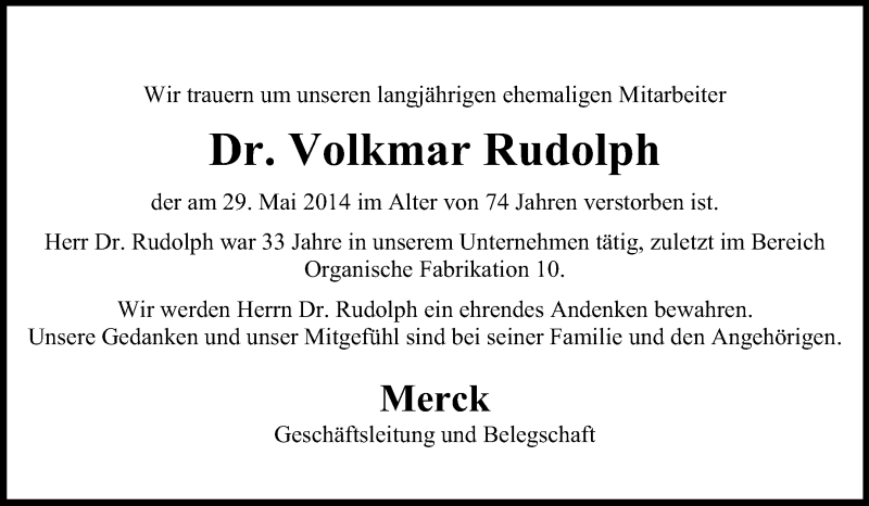  Traueranzeige für Volkmar Rudolph vom 12.06.2014 aus Echo-Zeitungen (Gesamtausgabe)