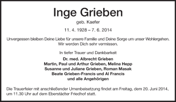 Traueranzeige von Inge Grieben von Echo-Zeitungen (Gesamtausgabe)