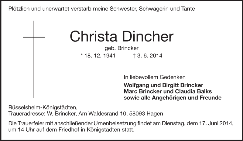  Traueranzeige für Christa Dincher vom 14.06.2014 aus Rüsselsheimer Echo, Groß-Gerauer-Echo, Ried Echo