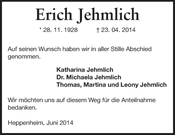 Traueranzeige von Erich Jehmlich von Starkenburger Echo