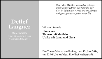 Traueranzeige von Detlef Langner von Echo-Zeitungen (Gesamtausgabe)