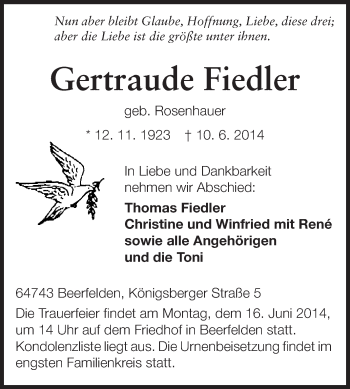 Traueranzeige von Gertraude Fiedler von Odenwälder Echo