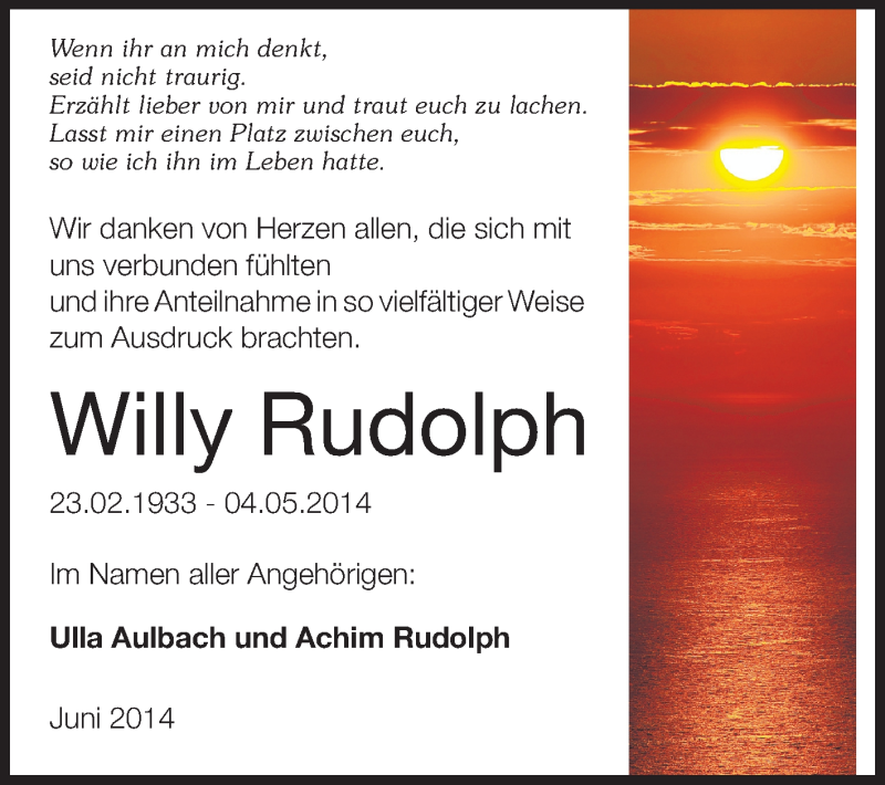  Traueranzeige für Willy Rudolph vom 14.06.2014 aus Odenwälder Echo