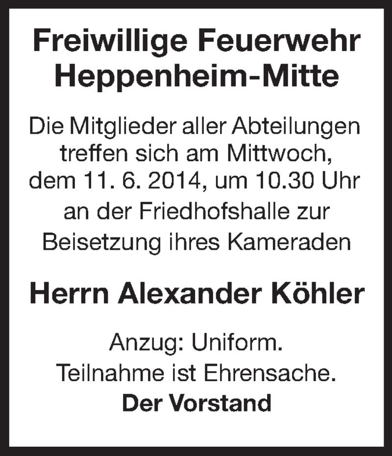  Traueranzeige für Alexander Köhler vom 11.06.2014 aus Starkenburger Echo
