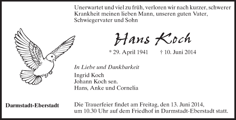  Traueranzeige für Hans Koch vom 12.06.2014 aus Echo-Zeitungen (Gesamtausgabe)