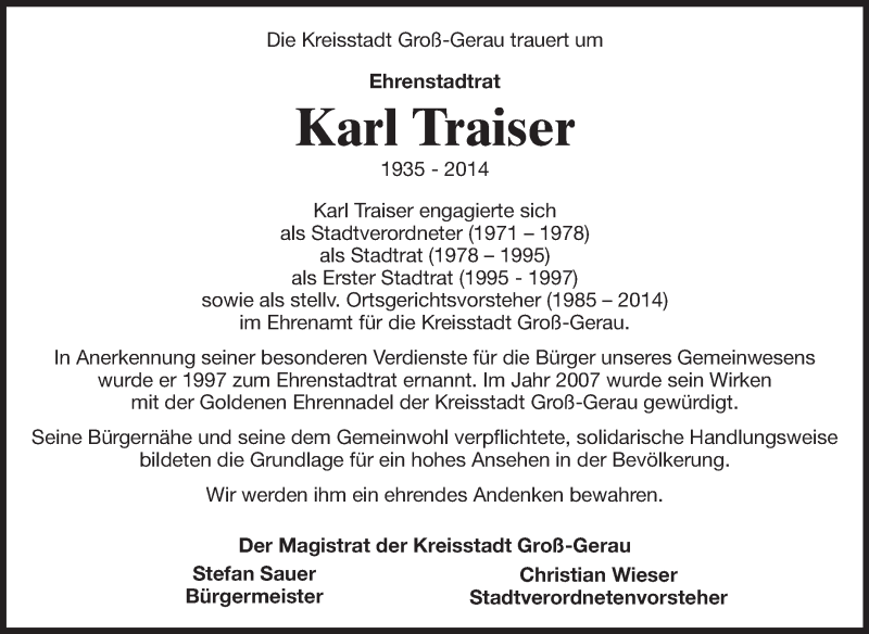  Traueranzeige für Karl Traiser vom 12.06.2014 aus Rüsselsheimer Echo, Groß-Gerauer-Echo, Ried Echo