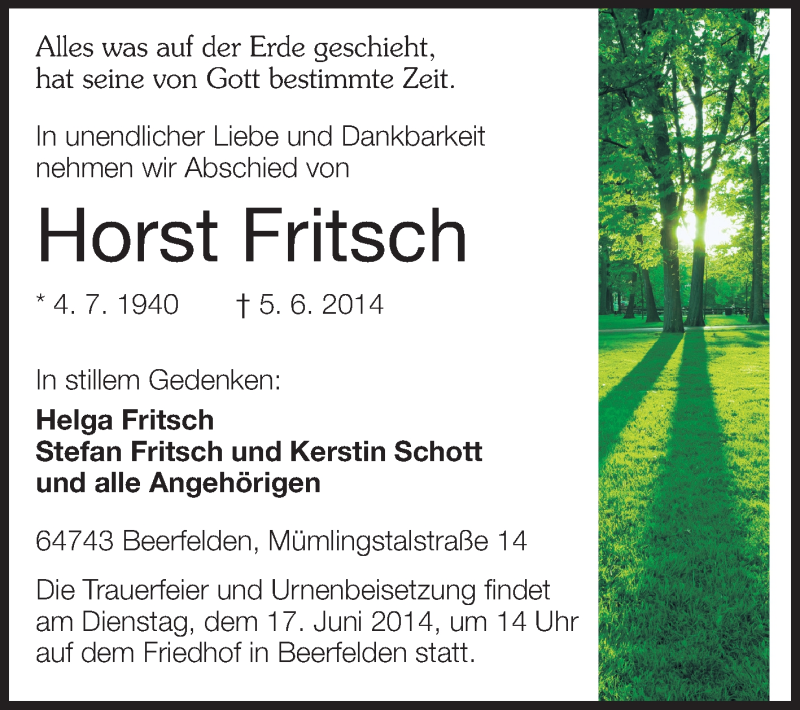  Traueranzeige für Horst Fritsch vom 13.06.2014 aus Odenwälder Echo