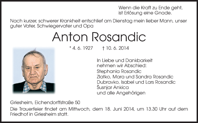  Traueranzeige für Anton Rosandic vom 14.06.2014 aus Rüsselsheimer Echo, Groß-Gerauer-Echo, Ried Echo