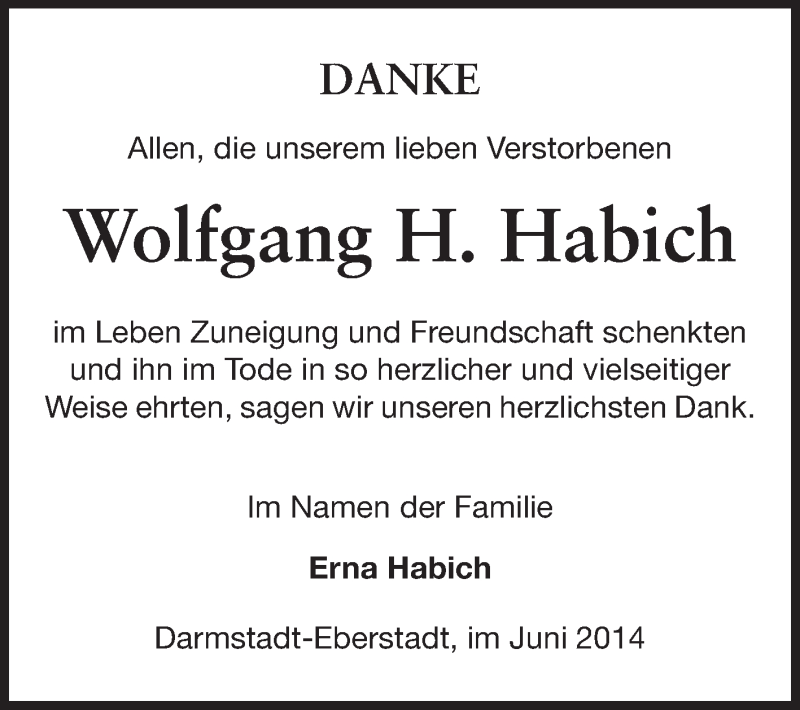  Traueranzeige für Wolfgang H. Habich vom 14.06.2014 aus Echo-Zeitungen (Gesamtausgabe)
