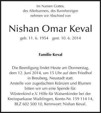 Traueranzeige von Nishan Omar Keval von Odenwälder Echo