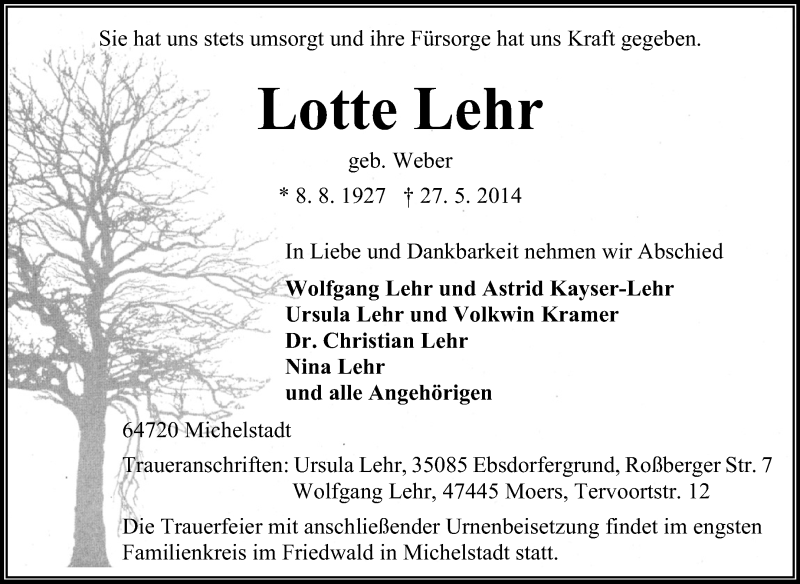  Traueranzeige für Lotte Lehr vom 14.06.2014 aus Odenwälder Echo