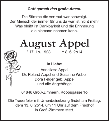 Traueranzeige von August Appel von Echo-Zeitungen (Gesamtausgabe)