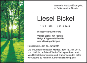 Traueranzeige von Liesel Bickel von Starkenburger Echo