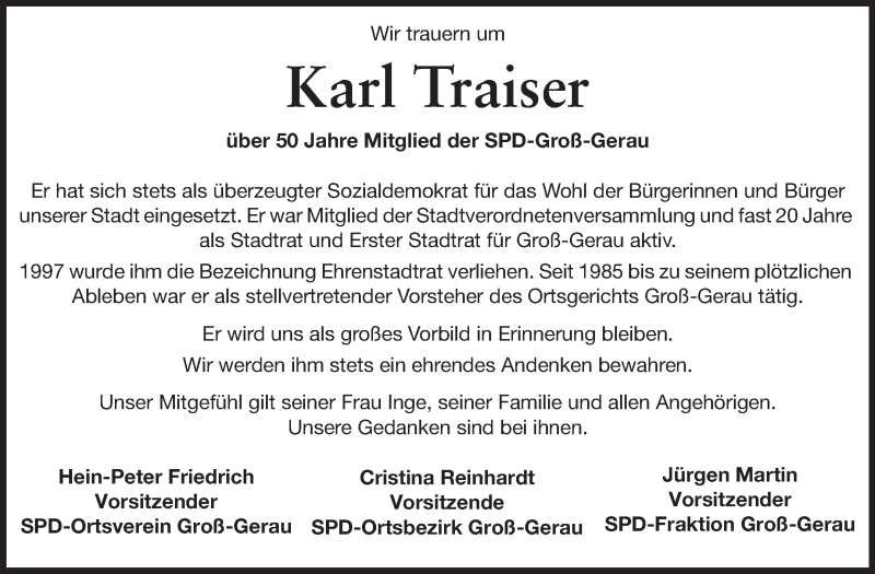  Traueranzeige für Karl Traiser vom 12.06.2014 aus Rüsselsheimer Echo, Groß-Gerauer-Echo, Ried Echo
