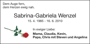 Traueranzeige von Sabrina-Gabriela Wenzel von Echo-Zeitungen (Gesamtausgabe)