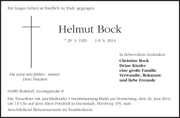 Traueranzeige von Helmut Bock von Echo-Zeitungen (Gesamtausgabe)