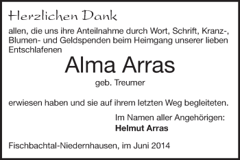 Traueranzeige von Alma Arras von Echo-Zeitungen (Gesamtausgabe)