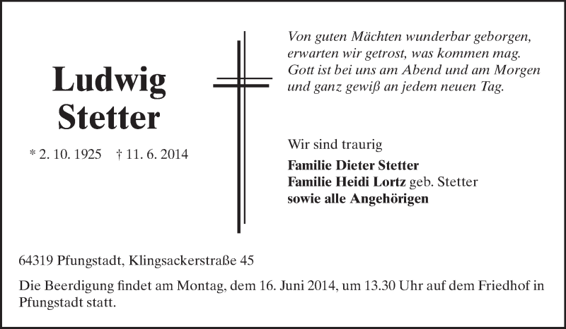  Traueranzeige für Ludwig Stetter vom 14.06.2014 aus Echo-Zeitungen (Gesamtausgabe)