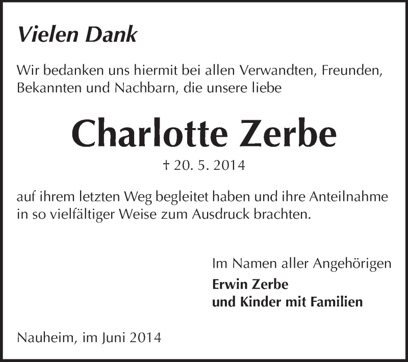  Traueranzeige für Charlotte Zerbe vom 14.06.2014 aus Rüsselsheimer Echo, Groß-Gerauer-Echo, Ried Echo