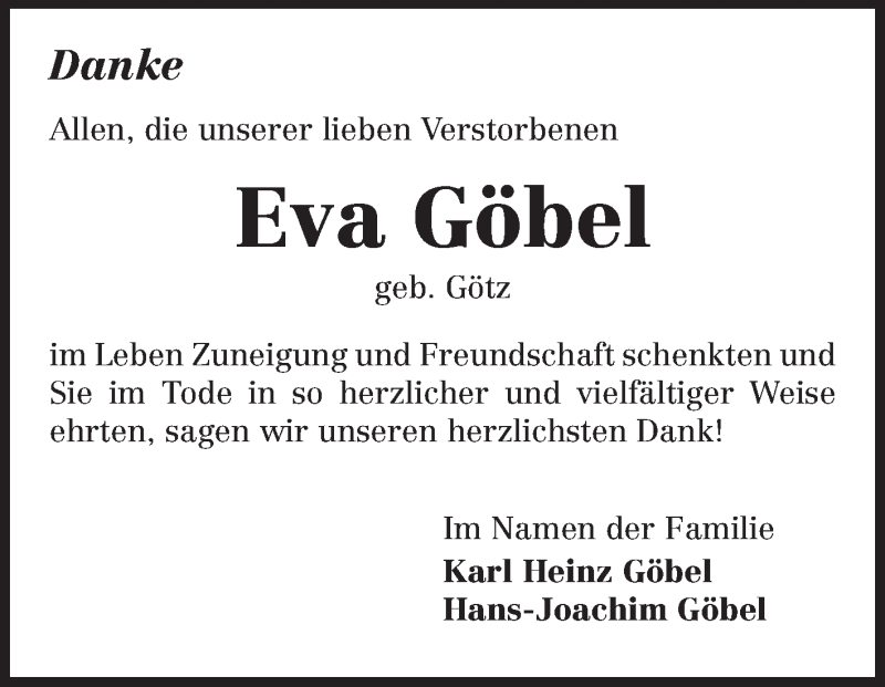  Traueranzeige für Eva Göbel vom 14.06.2014 aus Echo-Zeitungen (Gesamtausgabe)