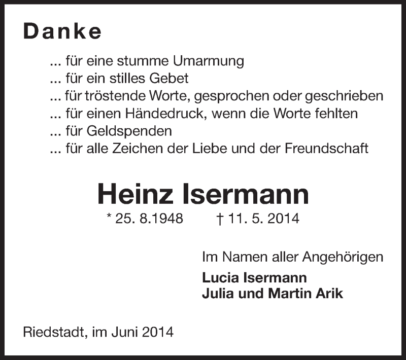  Traueranzeige für Heinz lsermann vom 14.06.2014 aus Rüsselsheimer Echo, Groß-Gerauer-Echo, Ried Echo