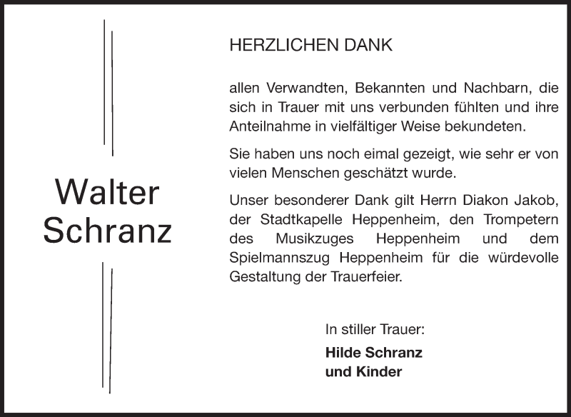  Traueranzeige für Walter Schranz vom 14.06.2014 aus Starkenburger Echo, Bergsträßer Anzeiger