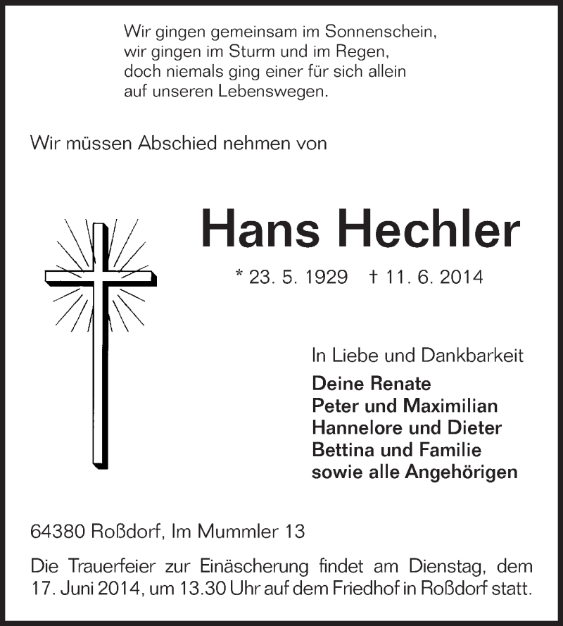  Traueranzeige für Hans Hechler vom 14.06.2014 aus Echo-Zeitungen (Gesamtausgabe)