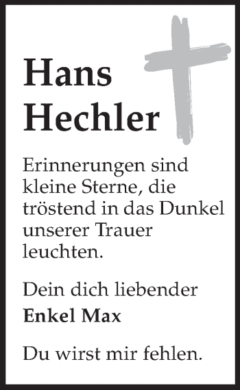 Traueranzeige von Hans Hechler von Echo-Zeitungen (Gesamtausgabe)