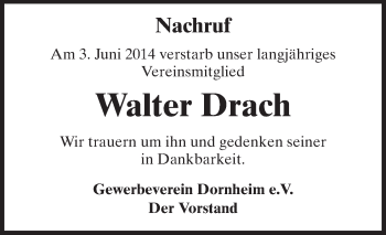 Traueranzeige von Walter Drach von Rüsselsheimer Echo, Groß-Gerauer-Echo, Ried Echo