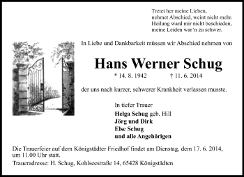 Traueranzeige von Hans Werner Schug von Rüsselsheimer Echo, Groß-Gerauer-Echo, Ried Echo
