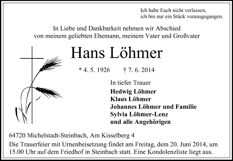  Traueranzeige für Hans Löhmer vom 14.06.2014 aus Odenwälder Echo