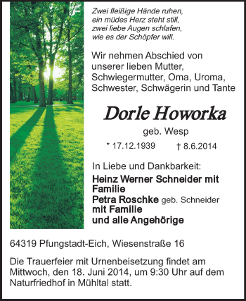 Traueranzeige von Dorle Howorka von Echo-Zeitungen (Gesamtausgabe)