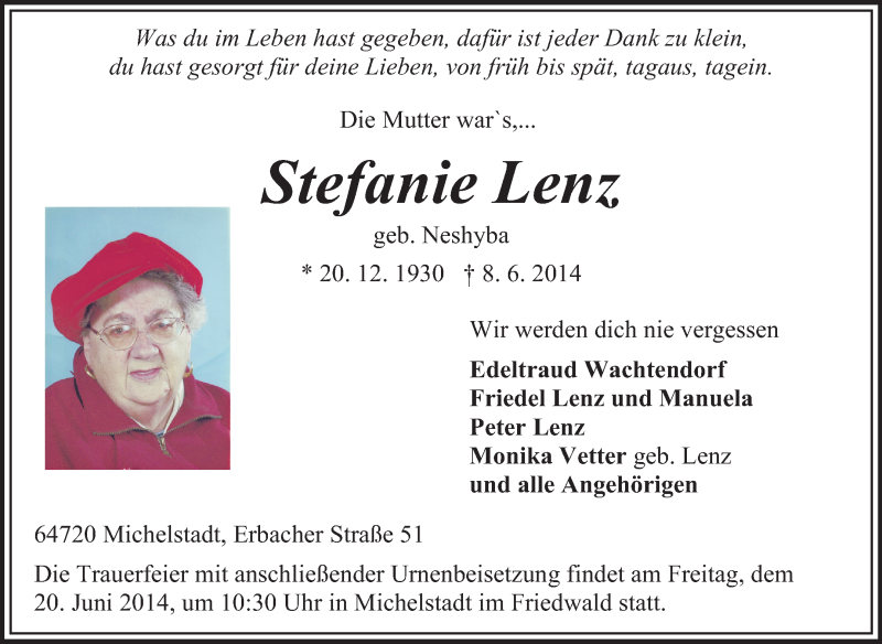  Traueranzeige für Stefanie Lenz vom 14.06.2014 aus Odenwälder Echo