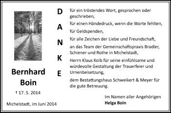 Traueranzeige von Bernhard Boin von Odenwälder Echo
