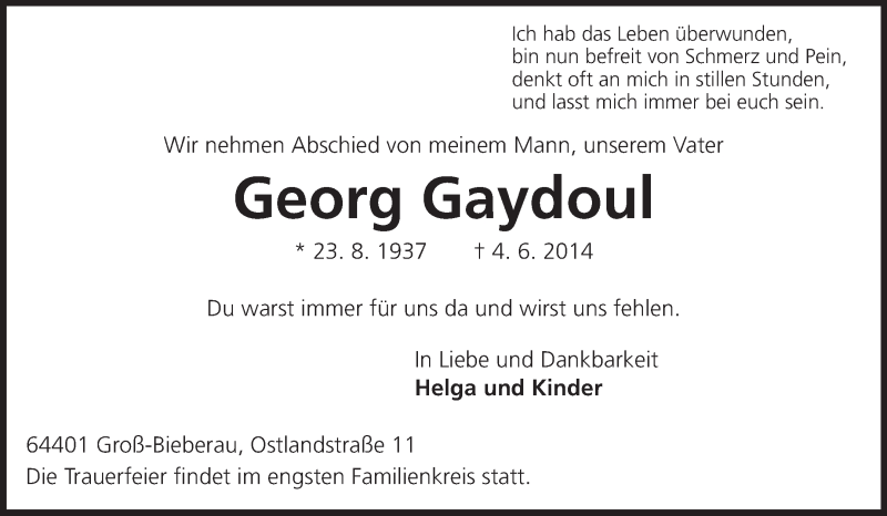  Traueranzeige für Georg Gaydoul vom 14.06.2014 aus Echo-Zeitungen (Gesamtausgabe)