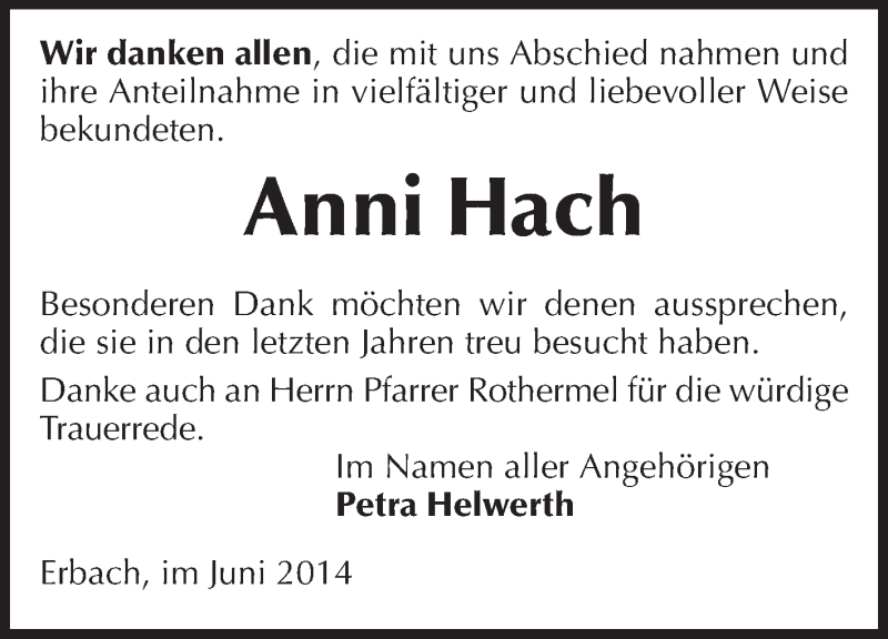  Traueranzeige für Anni Hach vom 14.06.2014 aus Odenwälder Echo