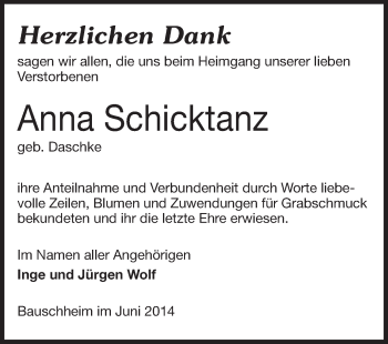 Traueranzeige von Anna Schicktanz von Rüsselsheimer Echo, Groß-Gerauer-Echo, Ried Echo